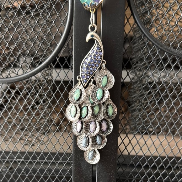 Elegant Silver and Blue Peacock Rear View Mirror Hanger - Picture 1 of 8